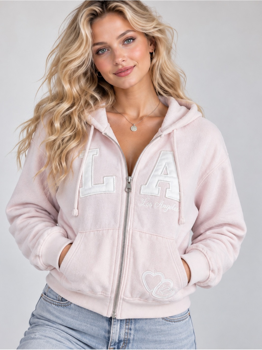 Planet Heart Pink LA Zip-Up Hoodie with Embroidered Details, Size Medium